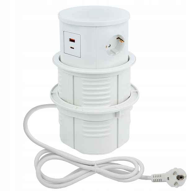 Zásuvka na desku zasunutelná do desky, bílá, výsuvná, 3x 230 V, 2x Usb