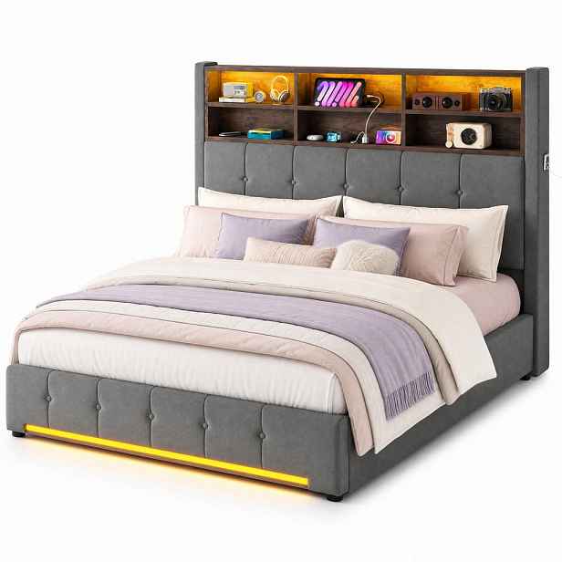 CHICFURN ČALOUNĚNÁ POSTEL 160/200 cm v tmavě šedé barvě se sametem, LED, USB-C a úložným prostorem