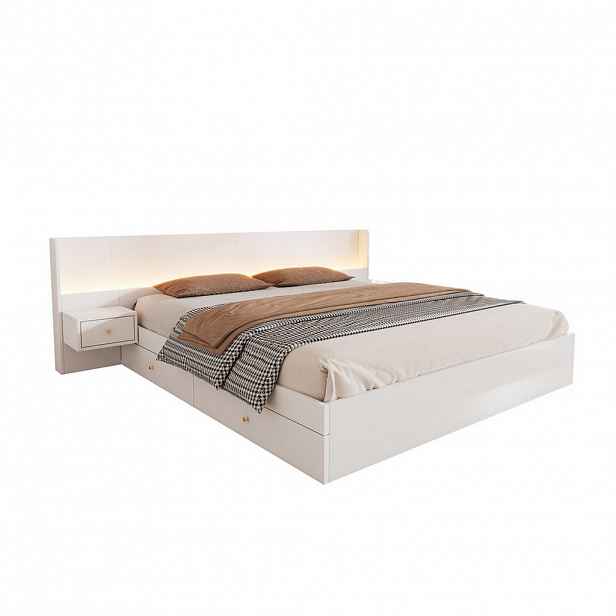 Modfu DVOJLŮŽKOVÁ postel z MDF 180x200 cm bílá s USB, LED osvětlením, zásuvkami a úložným prostorem