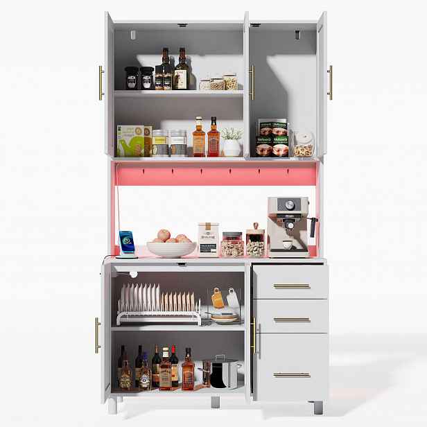 Redom BUFFET 183 cm s LED osvětlením ovládaným aplikací, USB, zásuvkami a úložným prostorem, Bílá