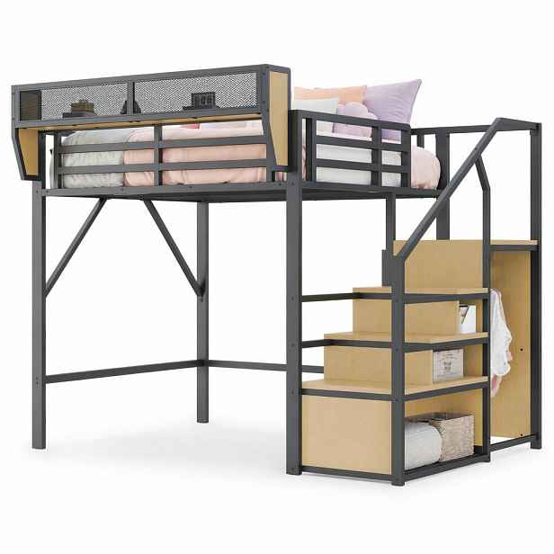 CHICFURN VYSOKÁ POSTEL 140/200 cm v černé barvě se žebříkem a policí