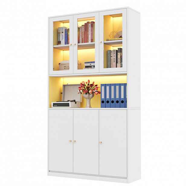 Modfu KNIHOVNA z MDF 100x35x200 cm bílá s prosklenou vitrínou, LED osvětlením a kabelovým průchodem