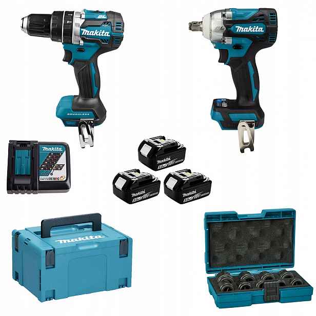 Combo Makita DLX2359TJ1: DHP484, DTW300 3x5Ah sada nástavců kufr