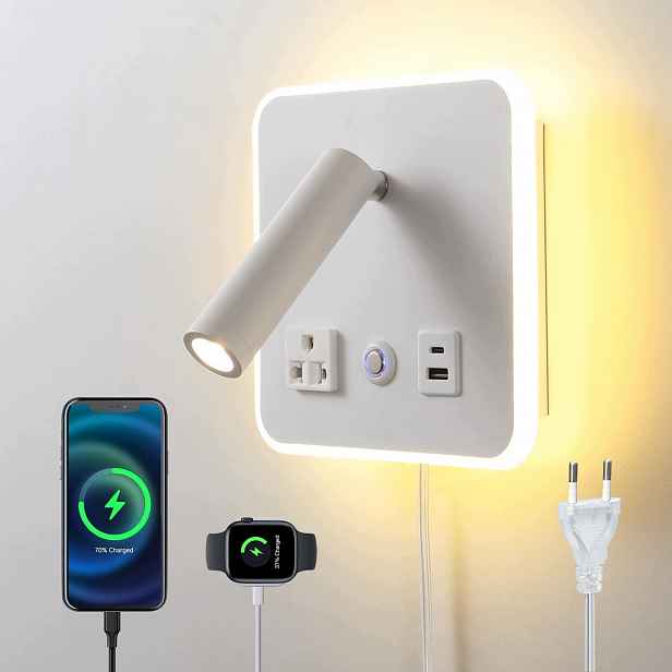 Led Nástěnné Svítidlo 9W Stmívatelné Dotykové Usb-c Usb 3000K Bílé