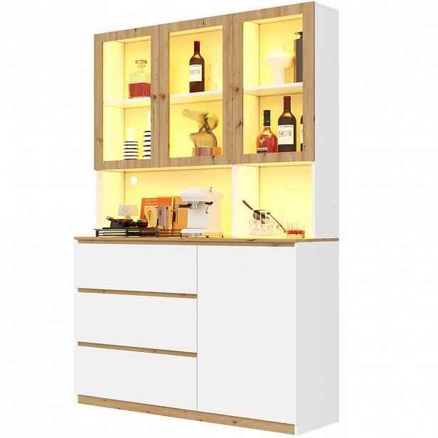Modfu VITRÍNA z MDF 120x200 cm bílá/dub s LED osvětlením, kabelovým vedením a úložným prostorem