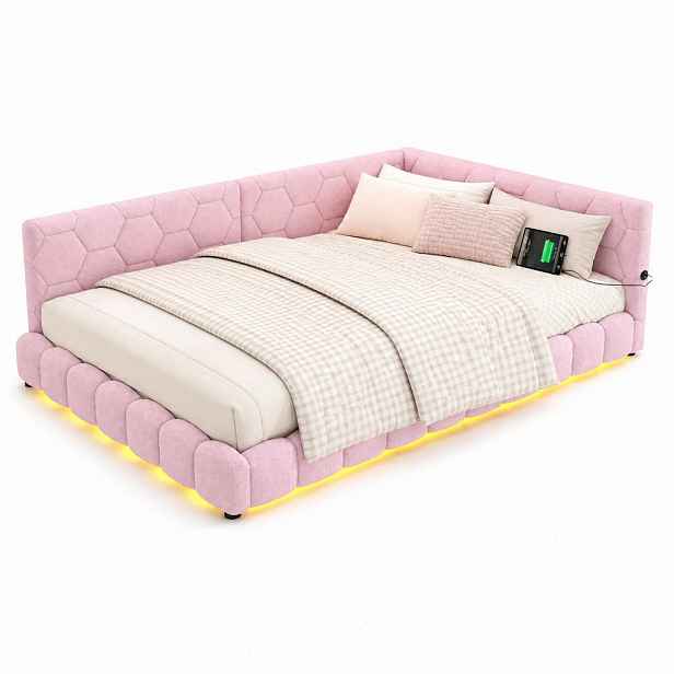 CHICFURN DENNÍ POSTEL 140/200 cm v růžové barvě s LED osvětlením, USB a Type-C
