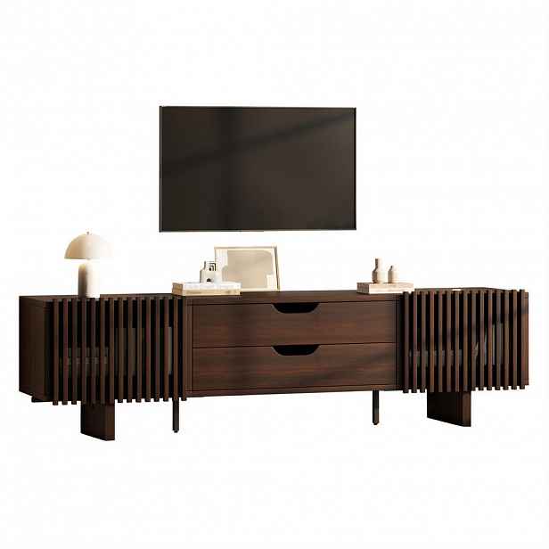 Modfu TV stolek z MDF 180x40x45 cm tmavý ořech se 2 zásuvkami a lamelovými dvířky pro TV až 75 palců