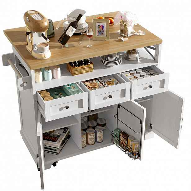 Redom KUCHYŇSKÝ ostrůvek 118/43-70/98 cm s výklopnou deskou, úložným prostorem a kolečky, Bílá