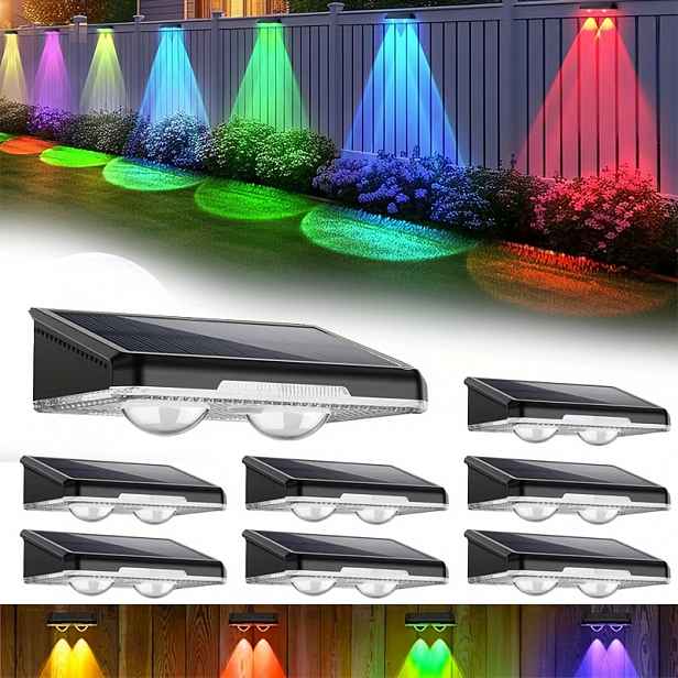 TEMU Solární venkovní nástěnná světla dostupná v baleních po 4, 6, 8 12 kusech, s 7 RGB barevnými a teplými bílými režimy svícení. Ideální pro