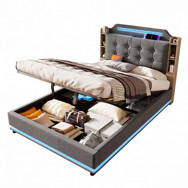 WISHDOR ČALOUNĚNÁ POSTEL 140/200 cm šedá len s úložným prostorem, LED osvětlením, USB portem a Type-C