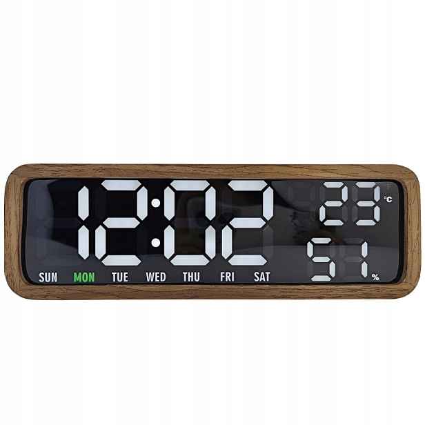 Digitální Led budík hnědý, dřevěný hodinový stroj s teploměrem do ložnice Madera