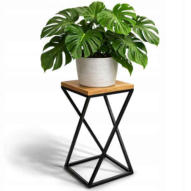 Držák Na Květináč stojící kovový stolek na květiny loft 40 cm, deska dub craft loft