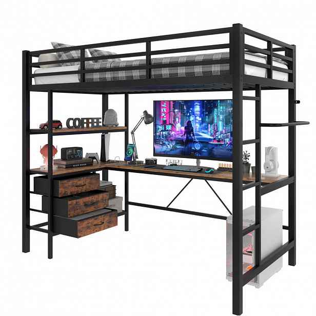 Redom VYSOKÁ postel 90/200 cm s LED osvětlením, psacím stolem, zásuvkami a USB, úložným prostorem, Černá