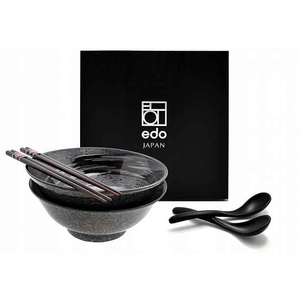 Sada 2 misek s lžícemi a paličkami Ramen Rasen Kuro 22 cm 1100 ml Box