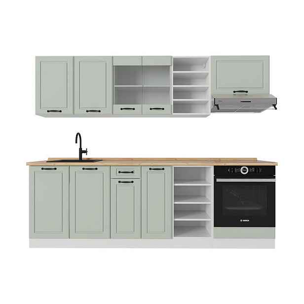 Vicco KUCHYŇSKÝ KOUT R-Line, Mint venkovský dům/Bílá, 240 cm pracovná doska Dub Goldkraft