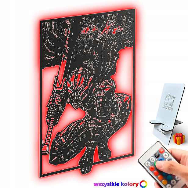 Dřevěný 3D obraz Anime Berserk Guts Nástěnný Dárek Noční Lampa Led XL