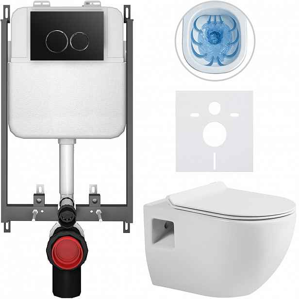 Kompletní WC set Basic/Dure - bílá lesklá - WC tlačítko Dualo/Černá - pro zazdění - 51x35 cm