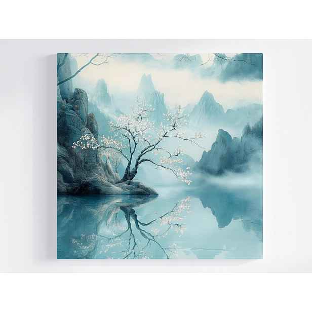 Obraz Na Plátně Canvas Krajina Asie Japonsko Turkus Hory Mlha Sakura 50x50