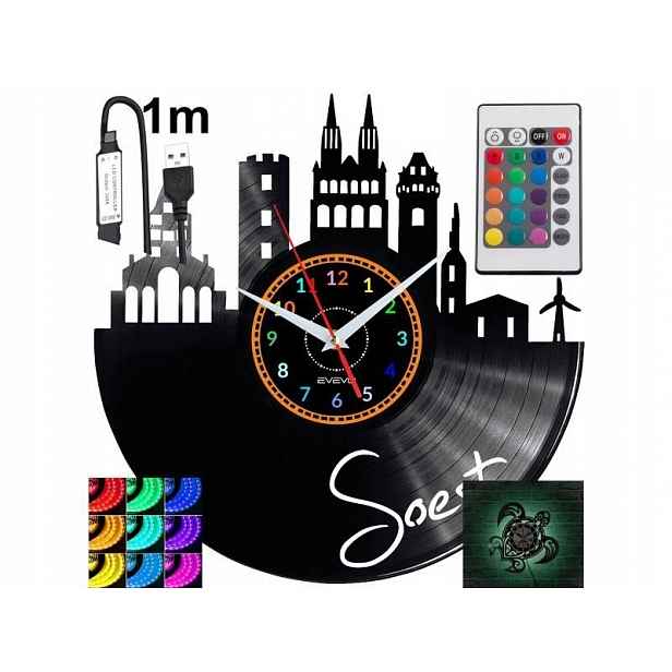 Soest Nástěnné hodiny Rgb Led podsvícené na dálkové ovládání Vinylová deska Modern