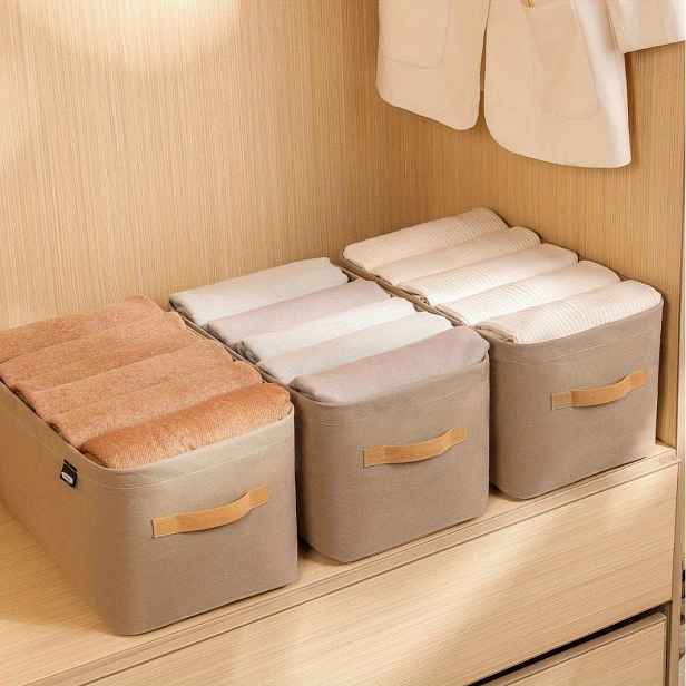 TEMU 3 khaki/šedé textilní úložné boxy s robustním ocelovým rámem - víceúčelový organizér do skříně na oblečení, kalhoty a další věci, bohémský styl,