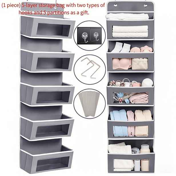 TEMU 5patrový úložný regál za dveře - 19,96 kg nosnost, odolný závěsný úložný regál, design proti naklápění bez vrtání, multifunkční plastový úložný