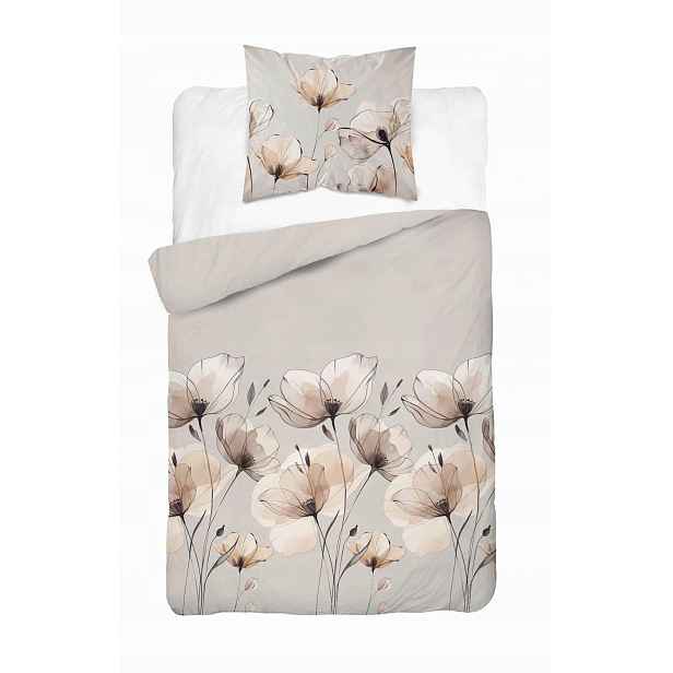 Povlečení 140x200 šedobéžové s květy cappuccino Satin Stories