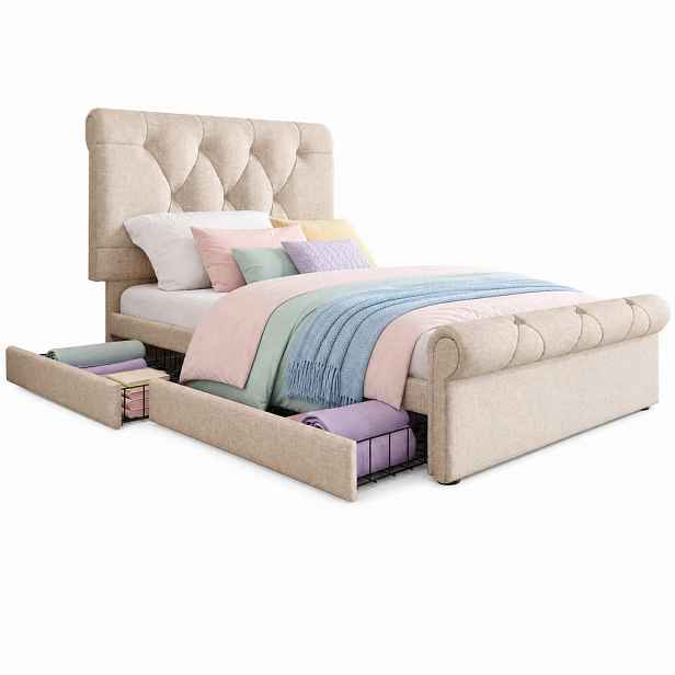 CHICFURN ČALOUNĚNÁ POSTEL 90/200 cm v přírodní barvě se 2 zásuvkami a nastavitelným čelem