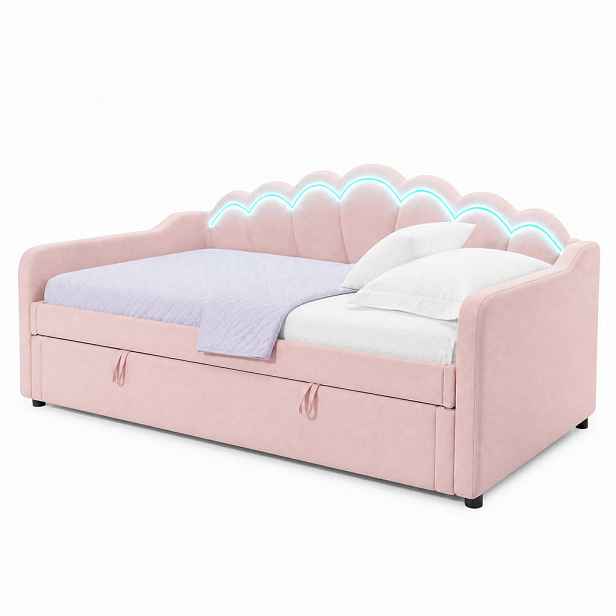CHICFURN DENNÍ POSTEL 90/200 cm v růžové barvě se sametem, úložným prostorem a LED osvětlením