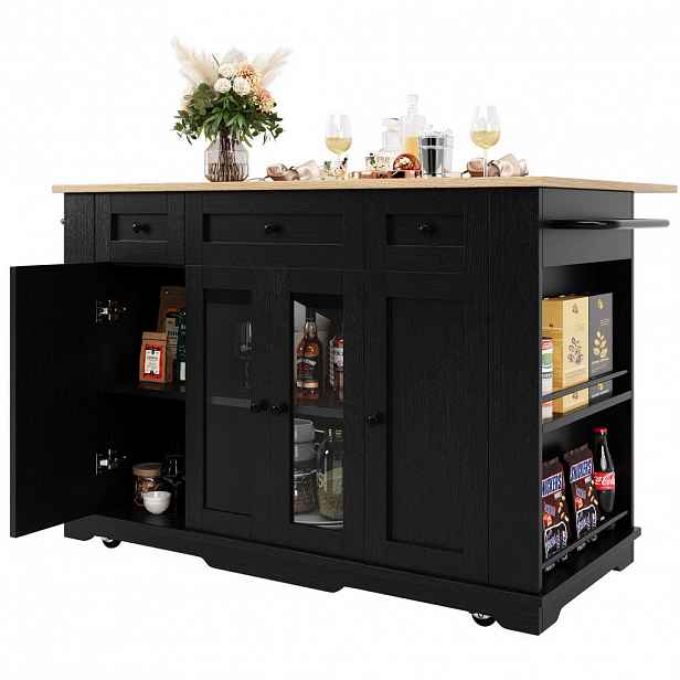 Redom KUCHYŇSKÝ ostrůvek 151,5/60/91,7 cm se sklopnou deskou, úložným prostorem a tvrzeným sklem, černá/přírodní