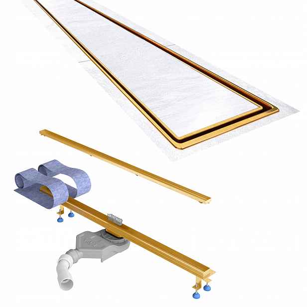Lineární odtok Slim 100 cm zlatý kartáčovaný nízký pod desku sifonu Viega