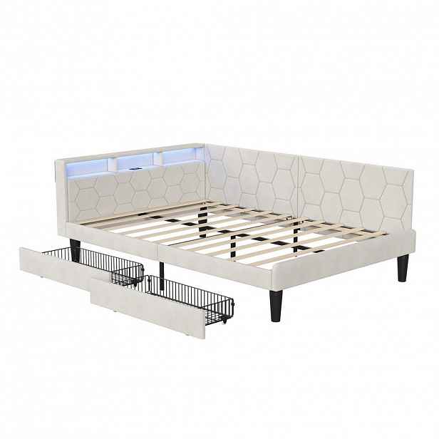 EuroLiving ČALOUNĚNÁ postel 140x200 cm, denní lůžko se 2 zásuvkami, LED a USB, manželská postel s úložným prostorem v čele, béžová