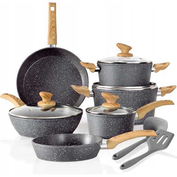 Sada hrnců Kitchen Academy 12 ks, šedá, nepřilnavá granitová barva P331