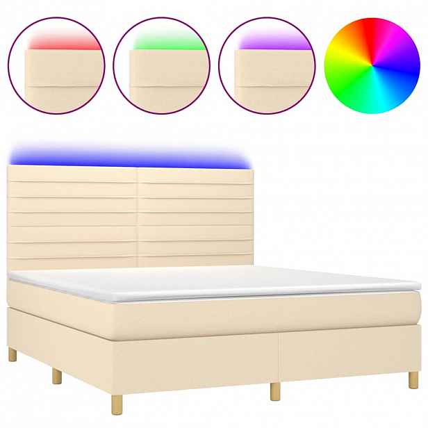 vidaXL Box spring postel s matrací a LED krémová 180x200 cm textil