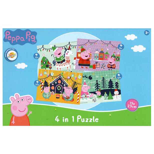 Dětské puzzle 4v1 PRASÁTKO PEPPA a vánoční nálada, 19x29 cm