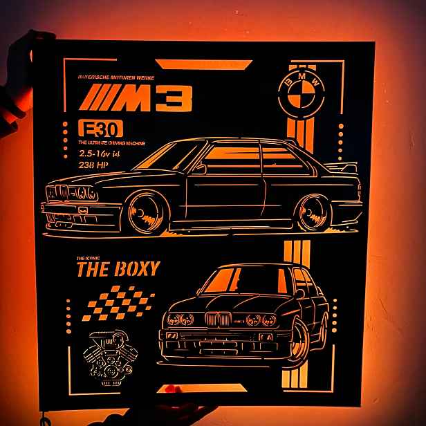 Bmw M3 E30 Dřevěný 3D obraz Noční Lampa Led XL Dárek Rgb dálkové ovládání