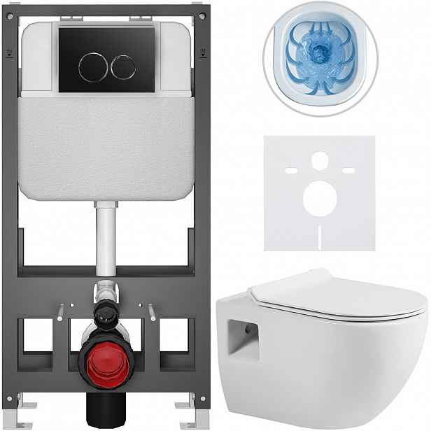 Kompletní WC set Basic/Dure - bílá lesklá - WC tlačítko Dualo/Černá - volně stojící - předstěnová instalace - 51x35 cm