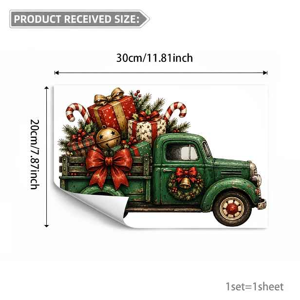 TEMU 1 ks 30X20 cm Oboustranná Viditelná PVC Statická Samolepka na Okno Bez Lepidla, Vintage Zelená Malá Nákladní Auto Dárková Krabička Cukrový Trn