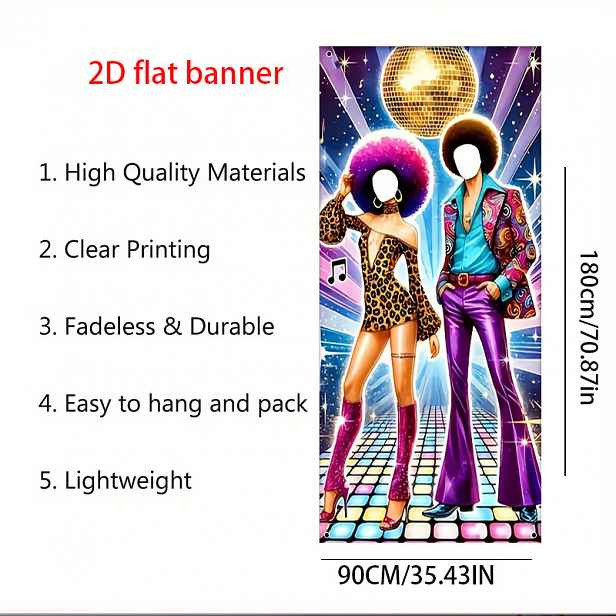 TEMU 2D Plochý, Vintage Disco Party Banner Vhodný pro Narozeniny a Tématické - Zesílená Dekorace na Dveře s Retro Postavami, Odolná Závěsná Pozadí