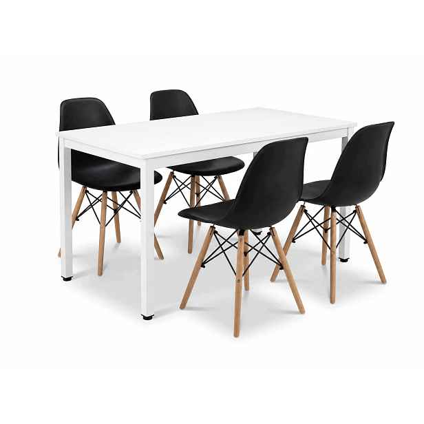 Jídelní set stůl 120x60 cm v loftovém stylu, bílý, se 4 černými skandinávskými židlemi