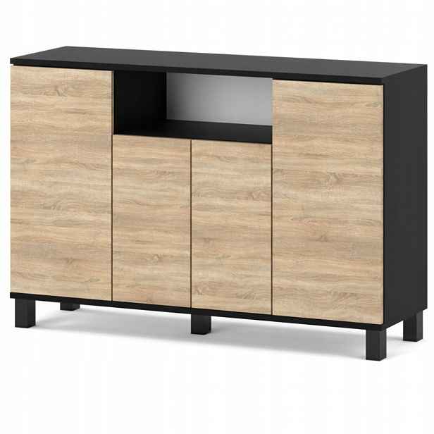 Komoda 120 CM Černý Dub Sonoma 4 Dvířka Moderní Skříňka Do Obývacího Pokoje Ložnice