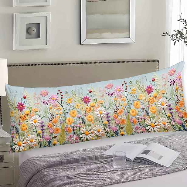 TEMU Šik Dlouhý Polštář s Květinovým Potiskem 20"x54" - Měkký Polyester, Skrytý Zip, Dekorativní Potah na Polštář pro Postel & Pohovku