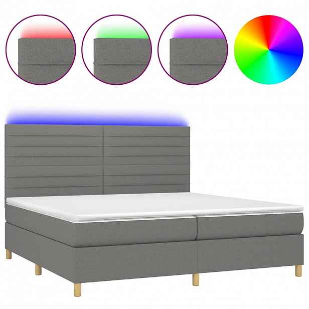 vidaXL Box spring postel s matrací a LED tmavě šedá 200x200 cm textil