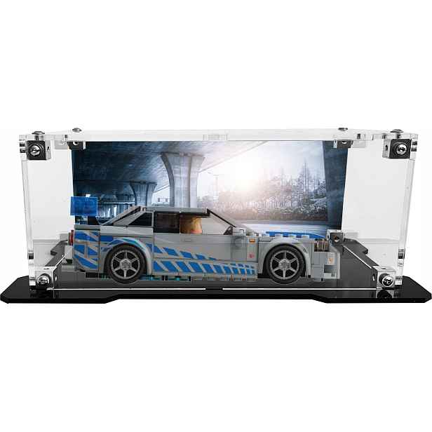 Vitrína s černou základnou a pozadím pro sadu Lego 76917 Nissan Skyline Gt-r