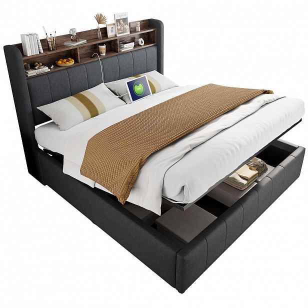 CHICFURN ČALOUNĚNÁ POSTEL 160/200 cm v šedé lněné látce s LED, USB, Type-C a úložným prostorem