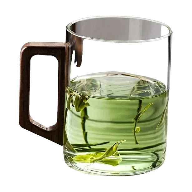 Skleněný hrnek 400 ml s dřevěnou rukojetí z ořechu, na kávu a čaj