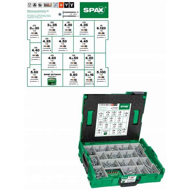Spax Montážní kufr L-boxx Wirox 2 445 šroub v 16 různých rozměrech bit