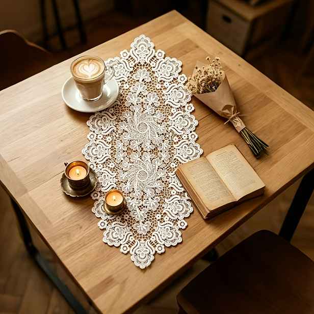 TEMU 1 ks Elegantní bílý krajkový běhoun na stůl, oválná vynikající květinová podložka s výřezy, podložka, pro všechna roční období, vhodný pro