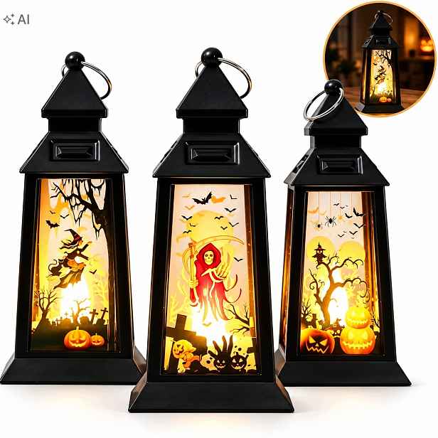 Dekorativní Led lucerny Halloween 3 ks Černé lucerny na baterie 12,5 cm