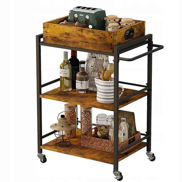 Kuchyňský Vozík, Odnímatelný Podnos, Hnědý, Retro Loft, Na Kolečkách, 86 CM