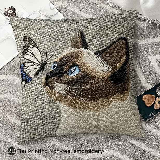 TEMU 1 ks, 2D Plochý Tisk, Polštářový Potah Simi Kočka a Motýl, 45.72x45.72 cm - Nepravá Výšivka, Polyesterová Dekorační Poduška, Vhodná do Obýváku,